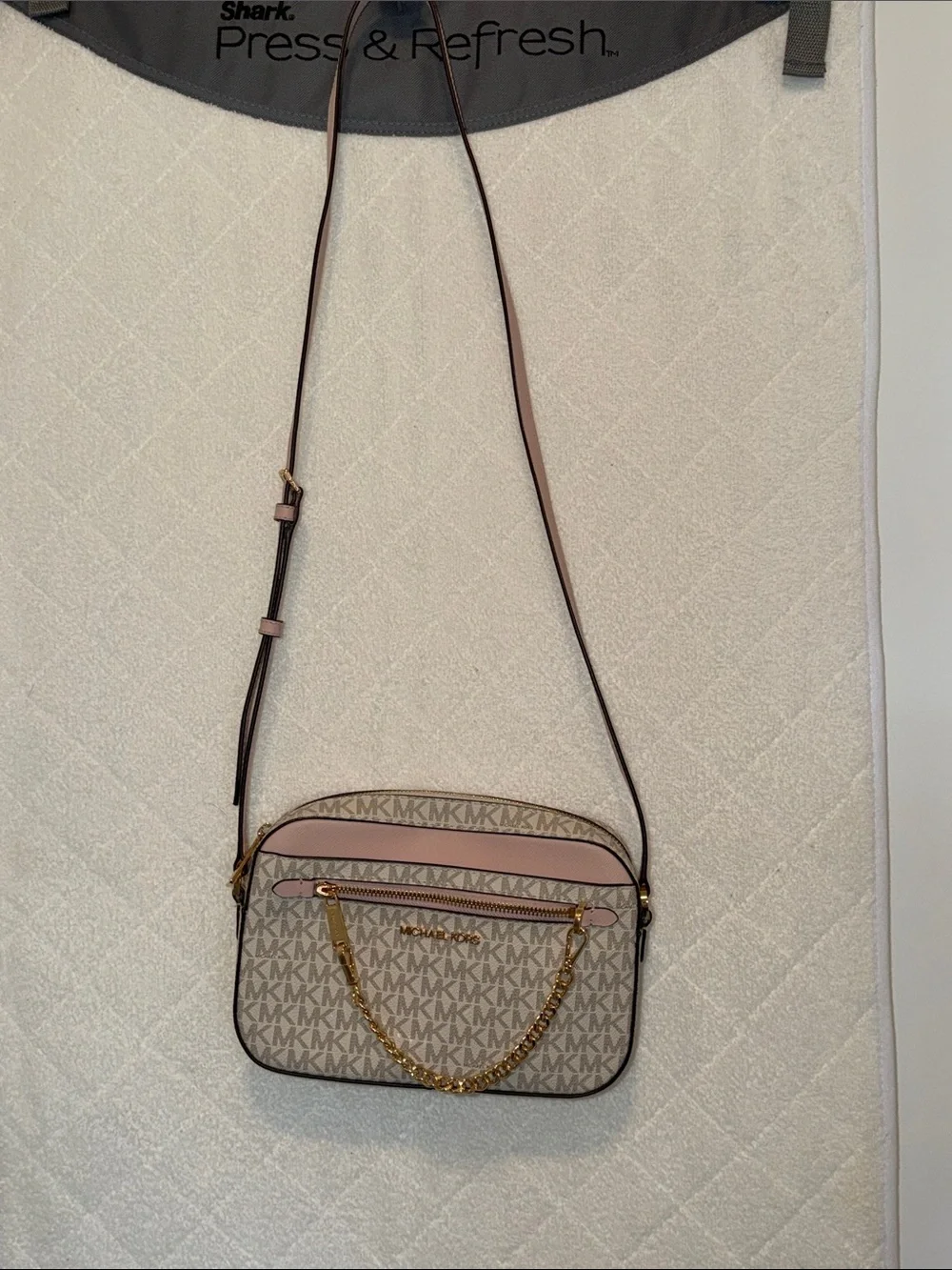 Michael Kors Beige and Pink Logo Crossbody with Gold Chain